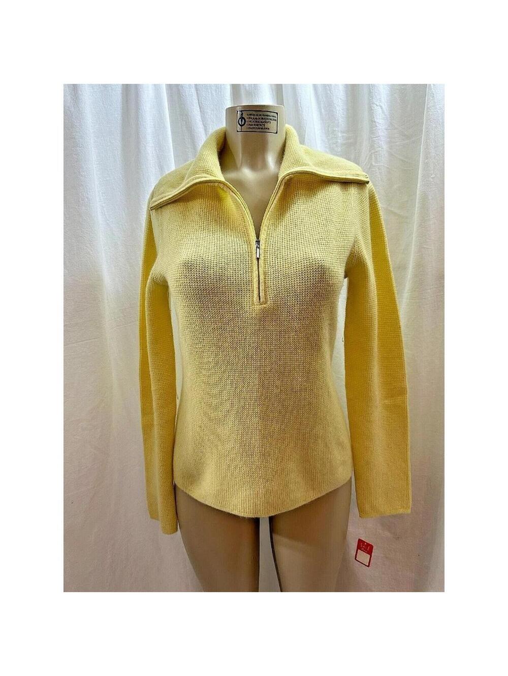 Tahari Womens Long Sleeve 3/4 Zip Cashmere Turtleneck Yelow Made Japan Sz M #989